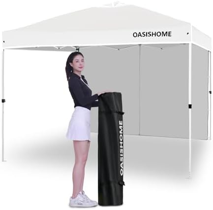 OASISHOME Pop-up Portable Outdoor Canopy Tent 10'x10' Instant Gazebo, with 1 Sidewall, Carry Bag, Stakes, Ropes, for Outdoor/Beach/Patio/Wedding Parties and Commercial Events