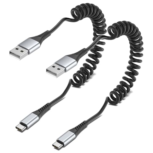 Coiled USB C Cable, 2 Pack USB to USB C Coiled Cable for Car Short USB C Retractable Cable for iPhone 15 Pro Max, Samsung Galaxy S23 S22, Moto G8, Google Pixel, USB C Carplay Cord for Android Auto