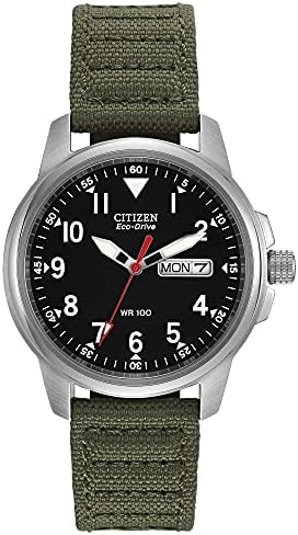 Citizen Men's Sport Casual Garrison 3-Hand Day/Date Eco-Drive Nylon Strap Watch, Arabic Markers, 100 Meters Water Resistant, Luminous Hands and Markers
