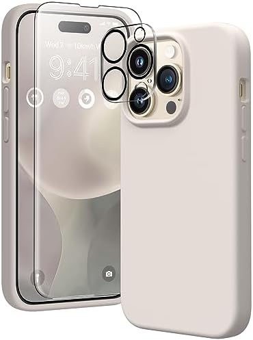 GONEZ for iPhone 14 Pro Case, with 2 Pack Screen Protector + 2 Pack Camera Lens Protector, Soft Anti-Scratch Microfiber Lining, Shockproof Protective Liquid Silicone Phone Cover 6.1'', Stone