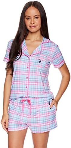 U.S. Polo Assn. Womens Pajama Set - Woven PJ Set for Women with Button Up Top and Shorts - Lounge Sets for Women