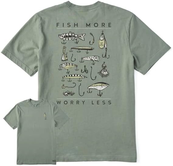 Life is Good Men's Fish More Worry Less Hooks and Tackle Short Sleeve Crusher Tee (XX-Large, Moss Green)