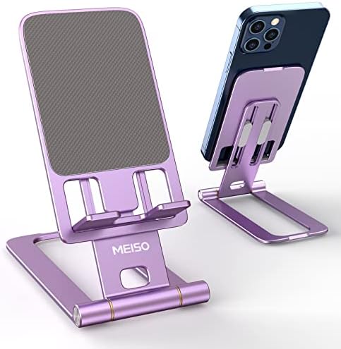 MEISO Cell Phone Stand, Fully Foldable Phone Holder for Desk, Desktop Mobile Phone Cradle Dock Compatible with iPhone, Samsung Galaxy, iPad Mini, Tablets Up to 10” (Lilac Purple)
