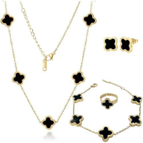 OSIRIDEH2 Clover Jewelry Set 18K Gold Plated Stainless Steel Necklace with Flower Design Four leaf clover for Women, Elegant Four Leaf Clover Necklace Floral Style Jewelry Gift