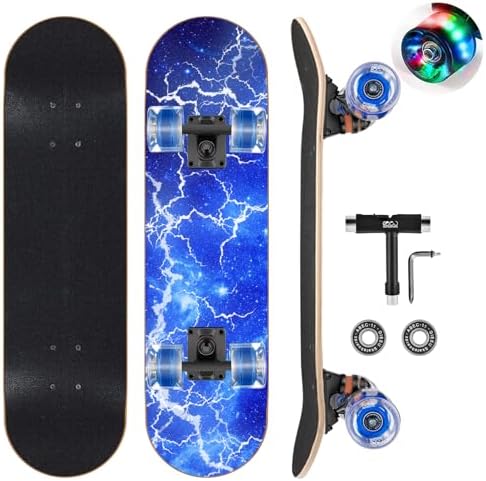 GIEEU Skateboards with Colorful Flashing Wheels for Beginners,Kids,Teens,Adults, Complete Standard Skate Boards 9 Layer Canadian Maple Deck Concave Skateboard