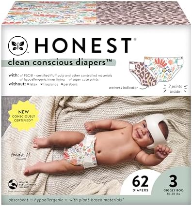The Honest Company Clean Conscious Diapers | Plant-Based, Sustainable | Wild Thang + Flower Power | Club Box, Size 3 (16-28 lbs), 62 Count