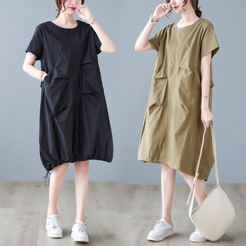 Summer New Arrival Loose Plus Size Cotton and Linen Short Sleeve Dress Female Plus Size Ladies Belly Covering Slim Looking Mid Length Long Length Casual Dress
