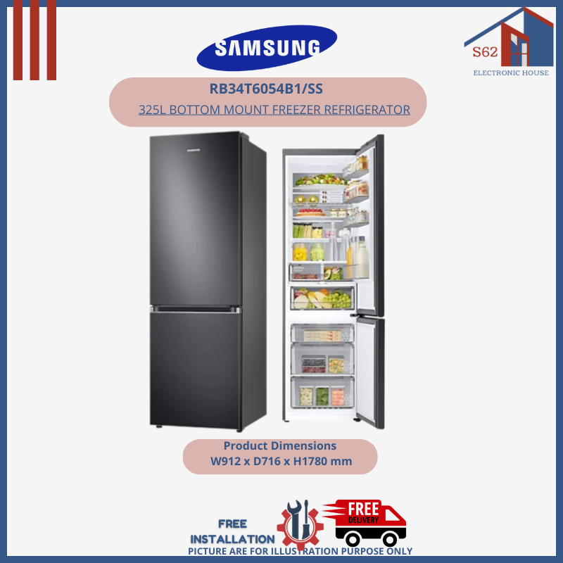 SAMSUNG RB34T6054B1/SS 325L BOTTOM MOUNT FREEZER REFRIGERATOR, 4 TICKS