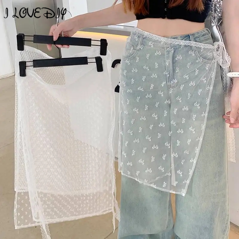 Women INS Blogger Lace Layered Gauze Skirt with Tie Up Spicy Girl Stacked Skirt Y2k Streetwear Apron Wrap Skirt Lace Up Matching Pants