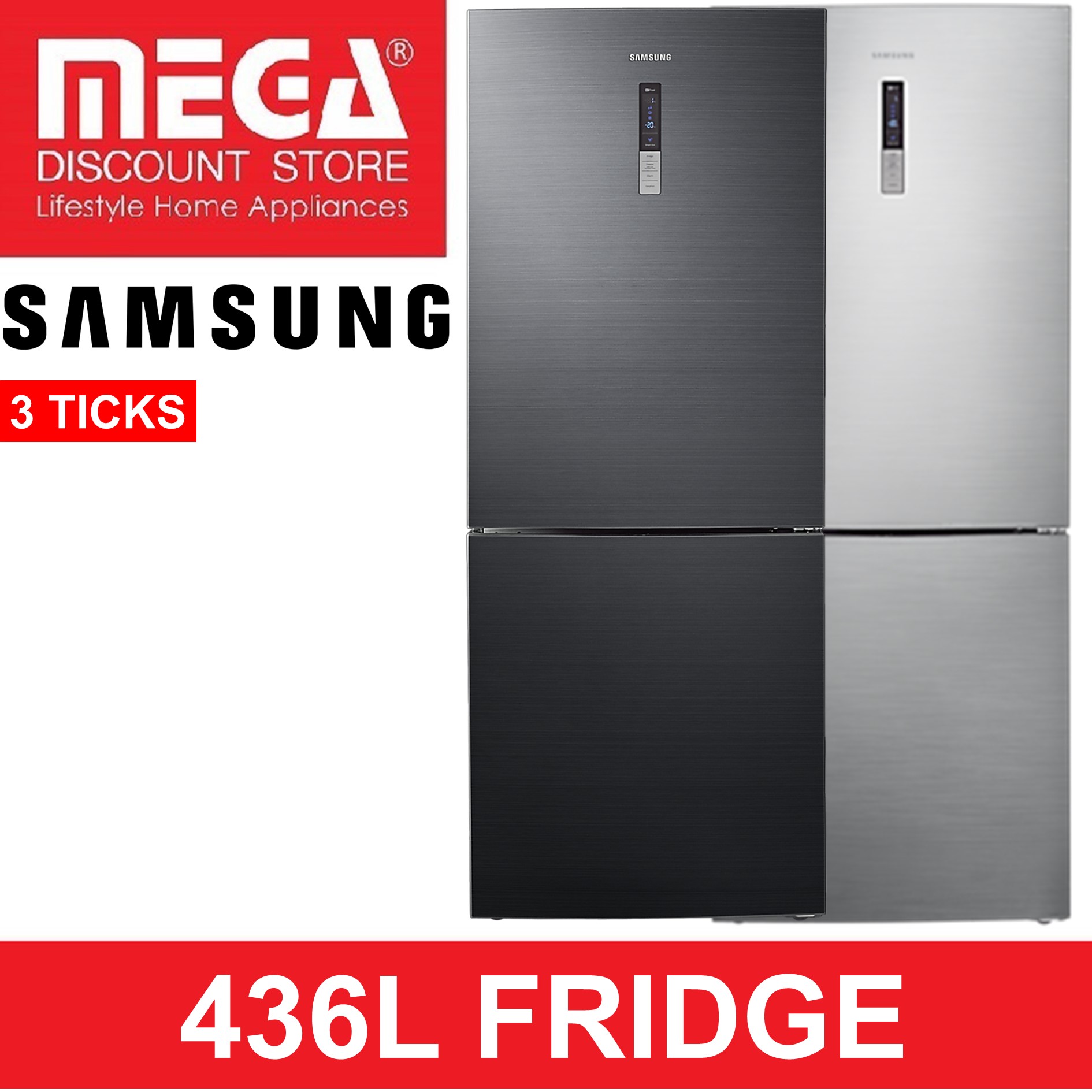 SAMSUNG RL4354RBABS/SS | RL4354RBAS8/SS  436L 2-DOOR FRIDGE (3 TICKS)