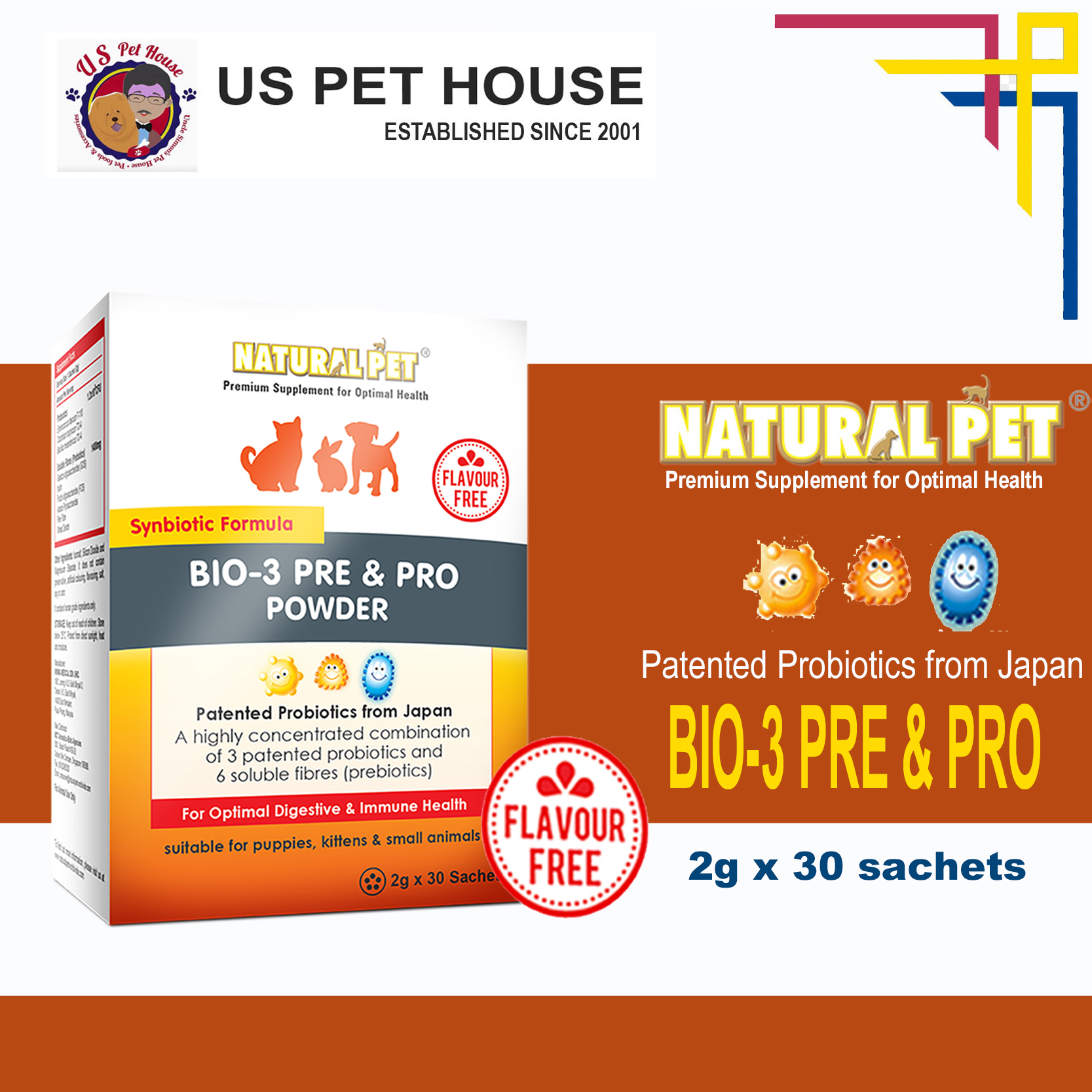 Natural Pet BIO-3 Pre & Pro Powder (Flavour Free) 2g x 10 Sachets / 2g x 30 Sachets