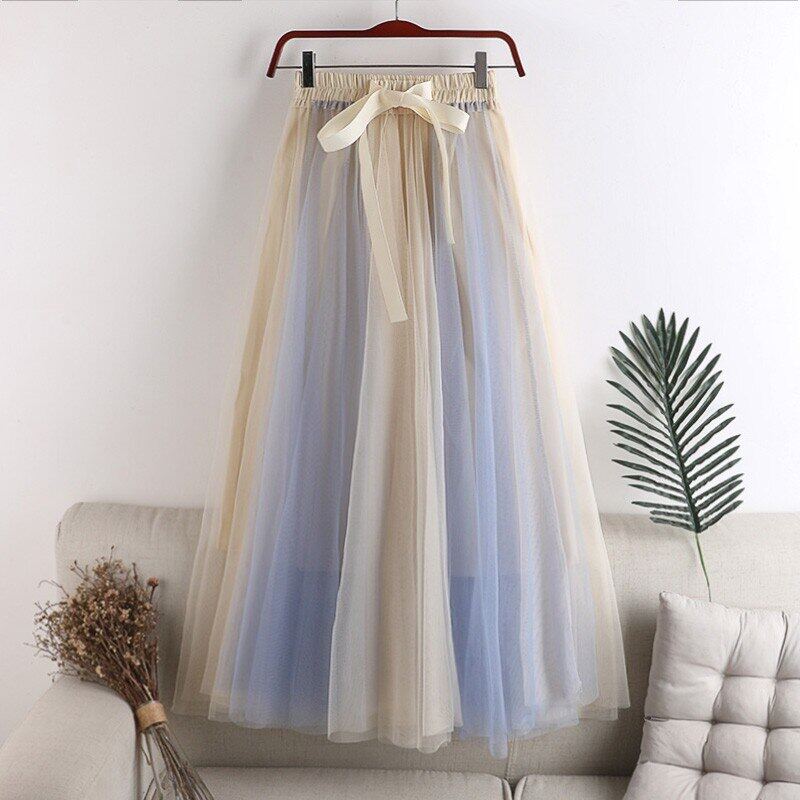 Sweet Summer Lace Up High Waist A-Line Long Tulle Skirt For Women Color Stitching Loose Mesh Fashion Maxi Ladies Bohemia Party Pleated Skirt C120