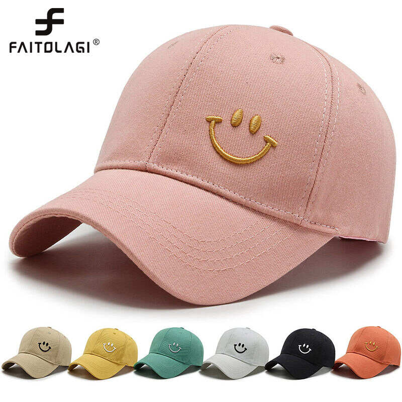 FAITOLAGI Smiley Face Trucker Hat Washed Dad Hat for Men Women Cute Baseball Caps Unstructured Smile Embroidered Hat