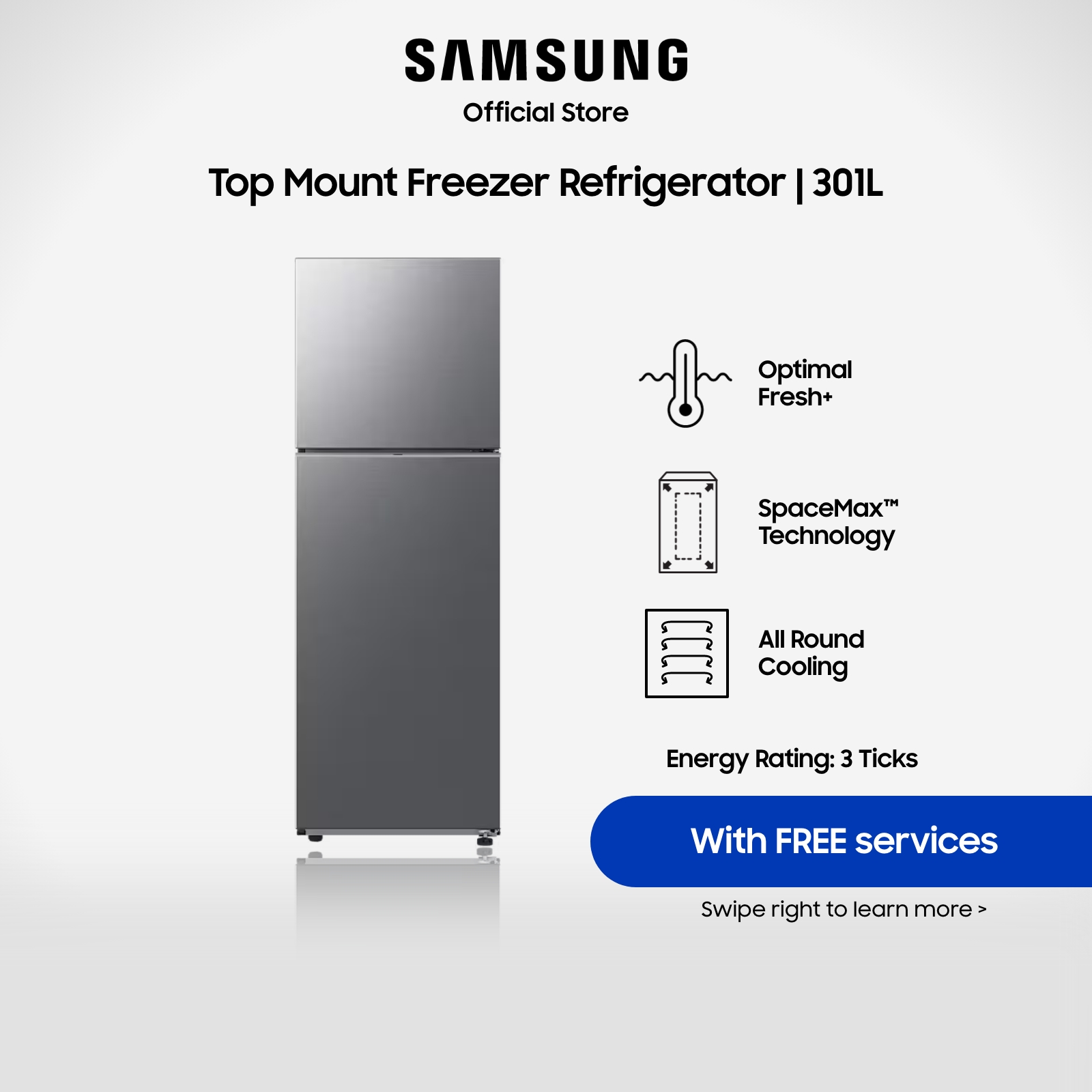 Samsung RT31CG5424S9SS Top Mount Freezer Refrigerator, 301L, 3 Ticks