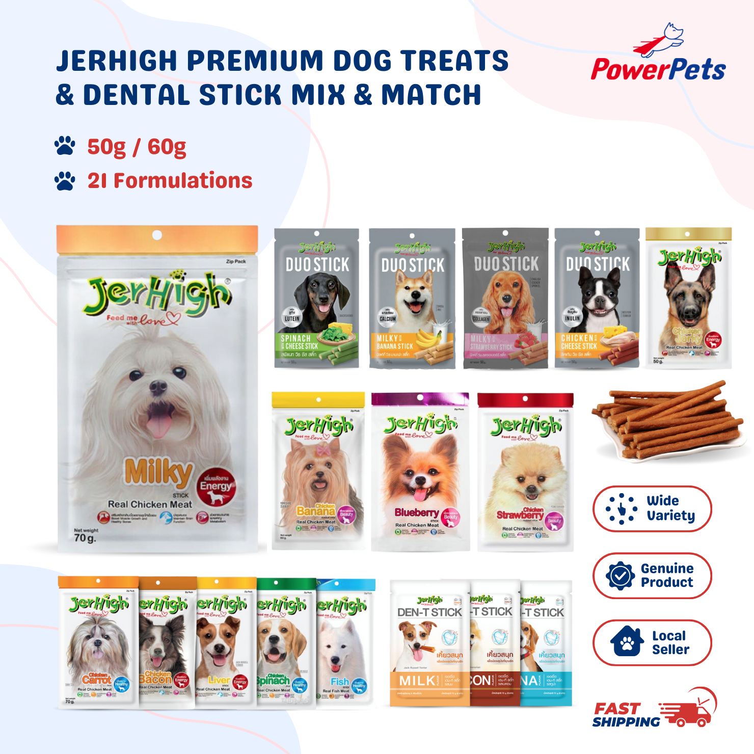 Jerhigh Premium Dog Treats and Dental Stick Mix & Match 50g/60g - Healthy Training Snacks for Skin, Coat & Energy Boost