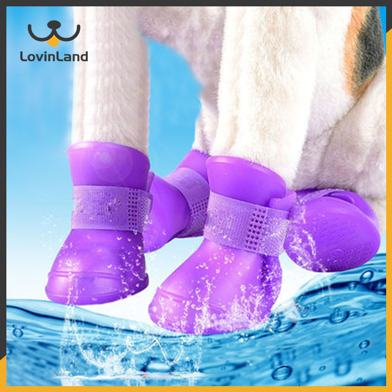 Lovinland Pet (Purple )4pcs Pet Dog Shoes Waterproof Rain Pet Shoes Candy Color Puppy Shoes for Dog Puppy Rubber Boots